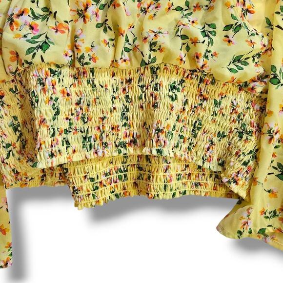 For the Republic Women’s Yellow Floral Long Sleeve Wrap Smocked Small Blouse - Picture 5 of 8